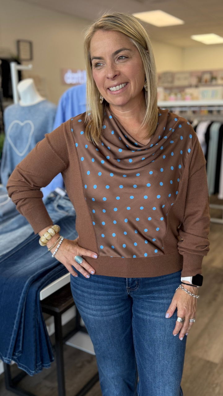 Polka Dot Cowl Neck Mixed Media Top