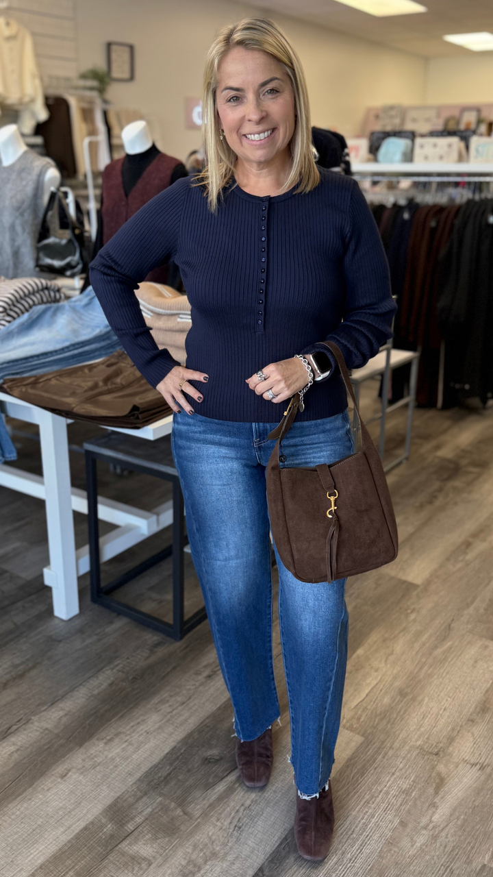 Navy Ribbed Fitted Henley Sweater