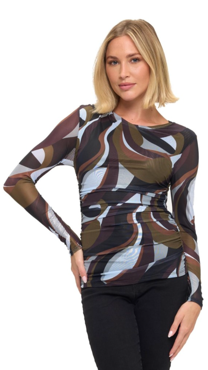 Olive Multi Color Ruched Long Sleeve Top