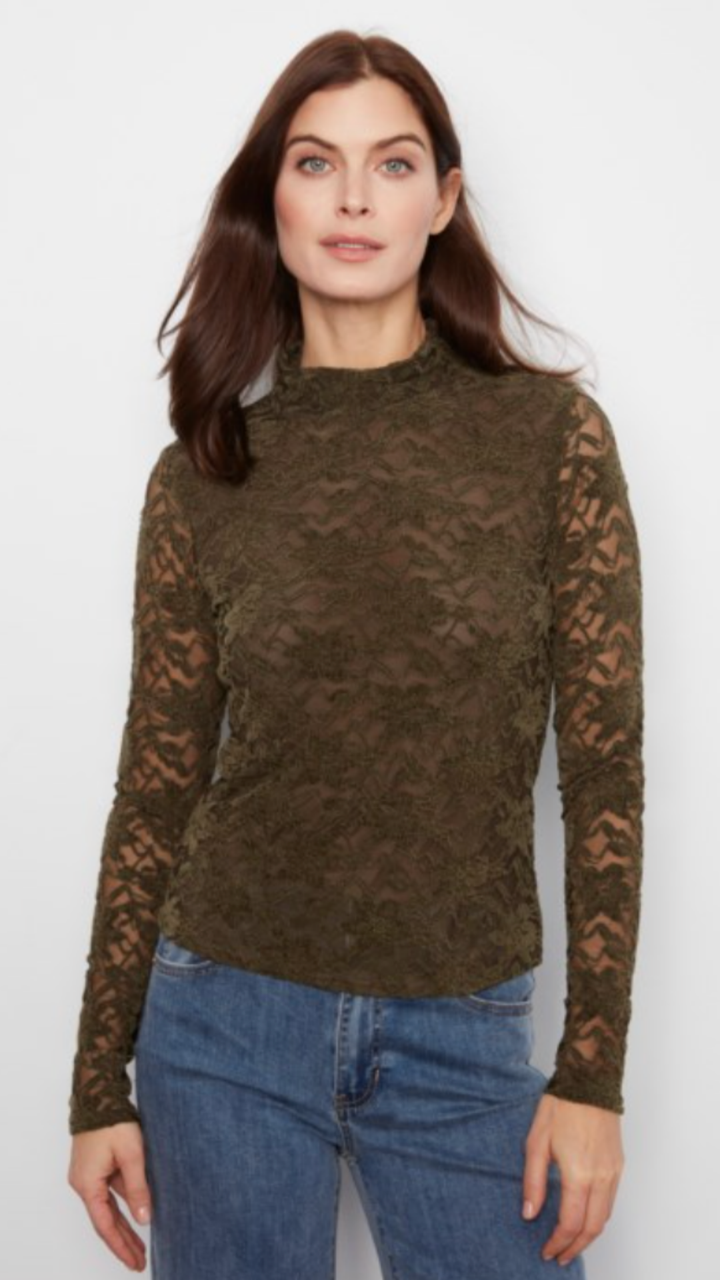 Olive Lace Long Sleeve Mock Neck Top