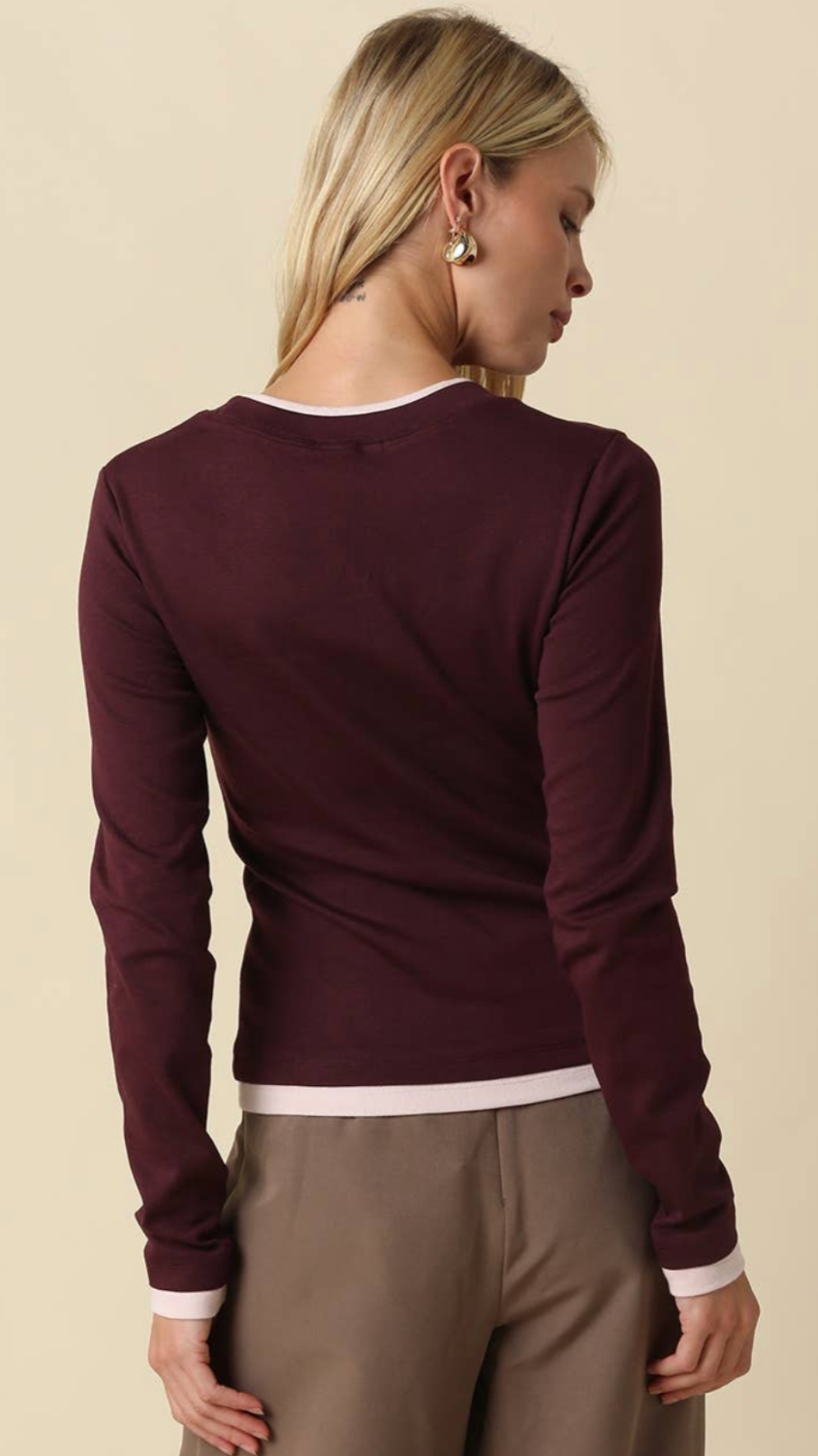 Burgundy And Pink Contrast Trim Long Sleeve Top