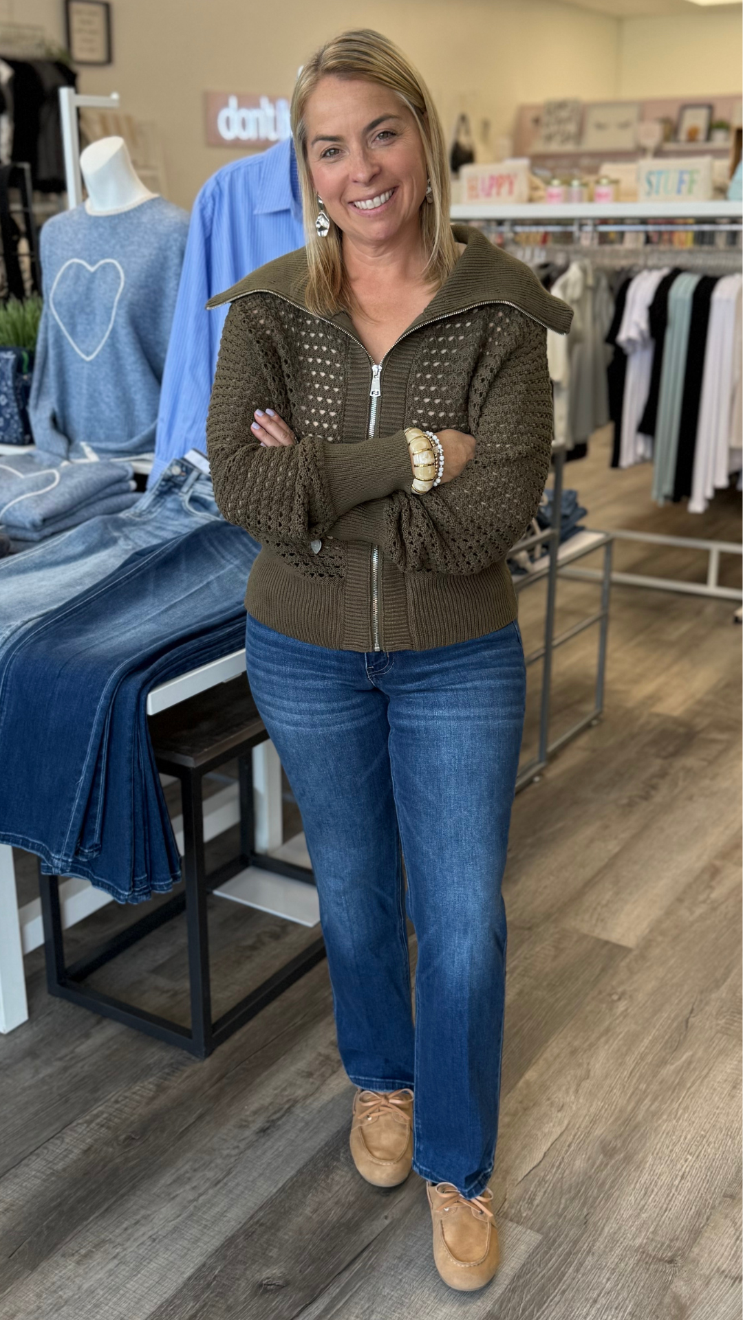 Olive Open Knit Zip Up Cardigan