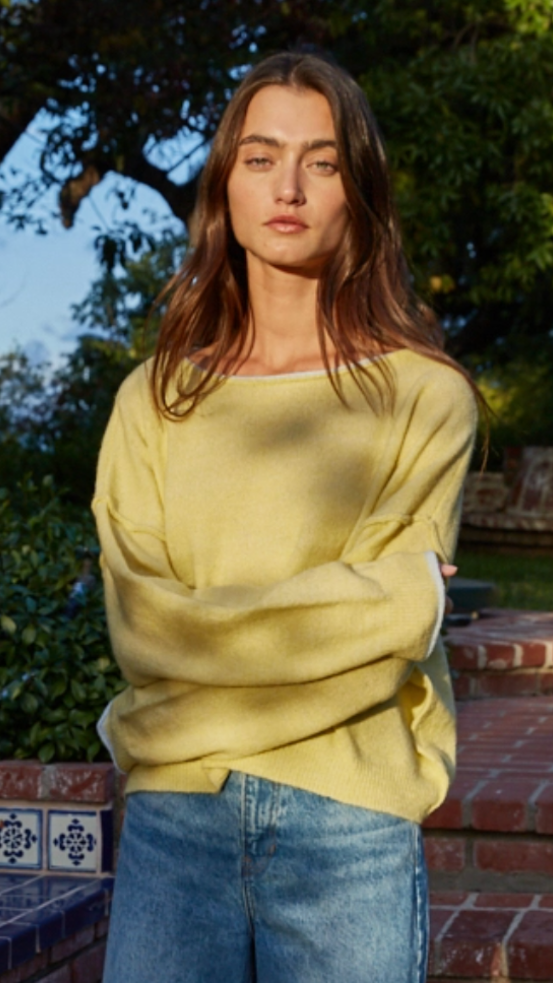 Yellow Knit Sweater With Contrast Trim