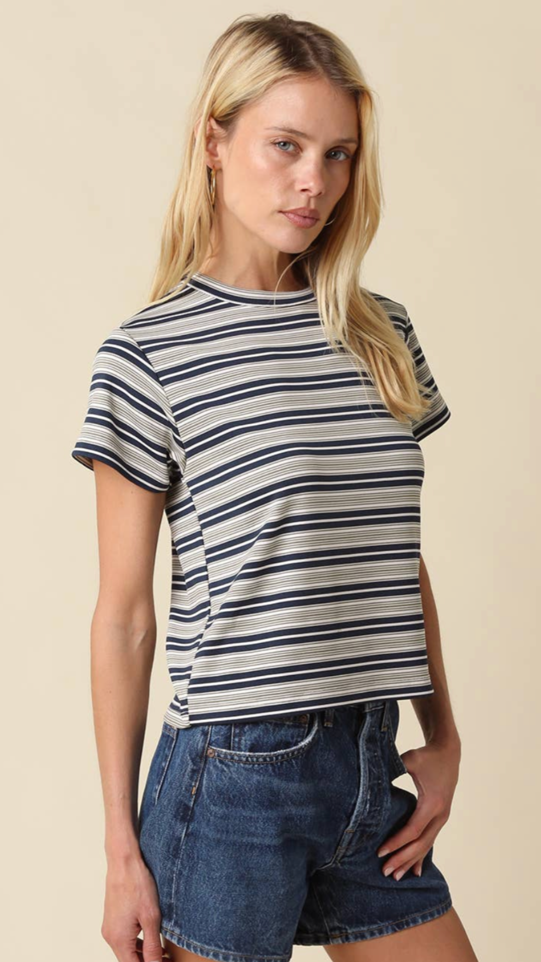 Navy Cream And Olive Striped Tee