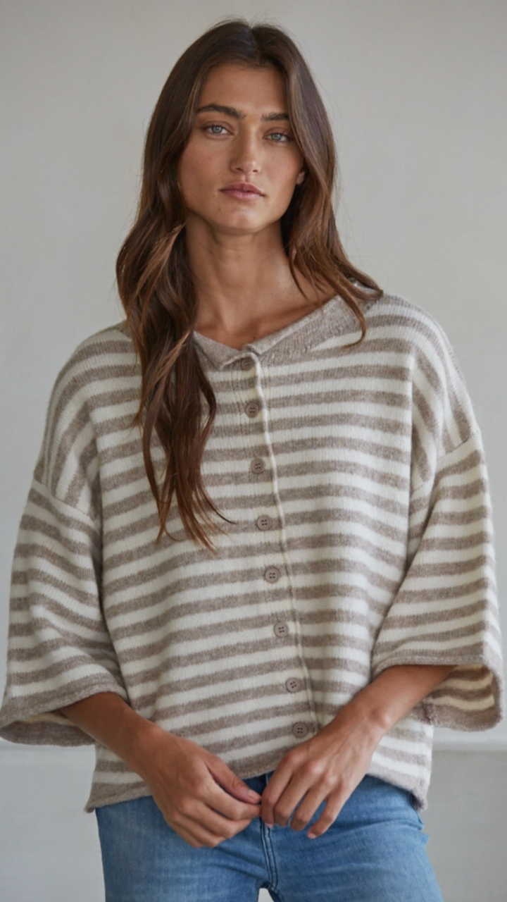 Taupe And Cream Striped Quarter Sleeve Sweater Cardigan