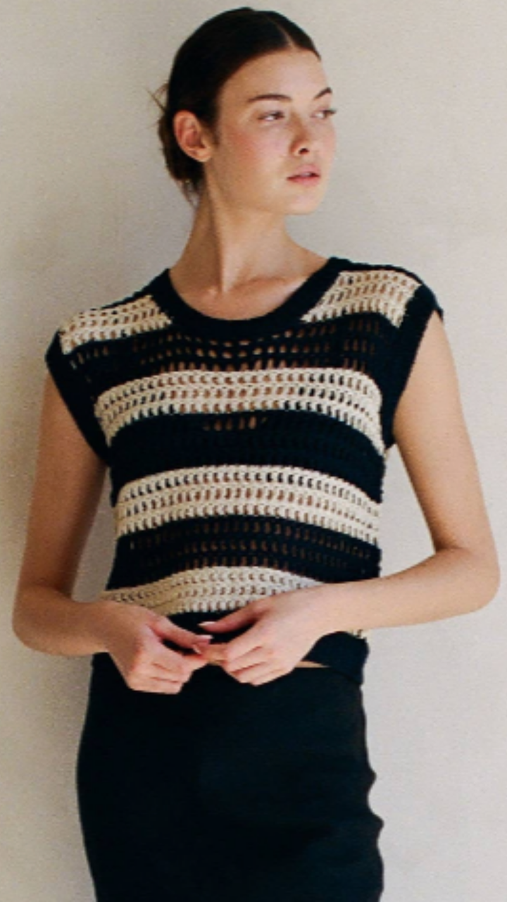 Black Bisque Knit Sweater Striped Top