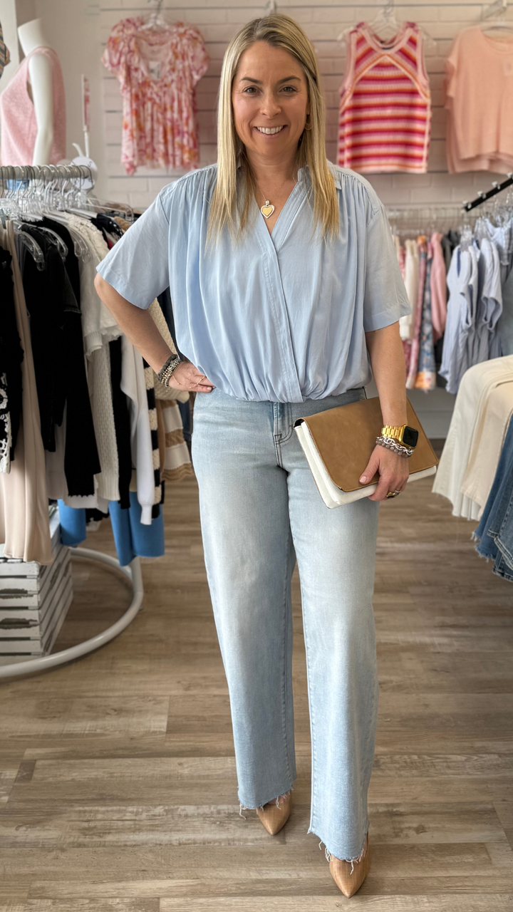 Light Blue Surplice Blouse With Bubble Hem