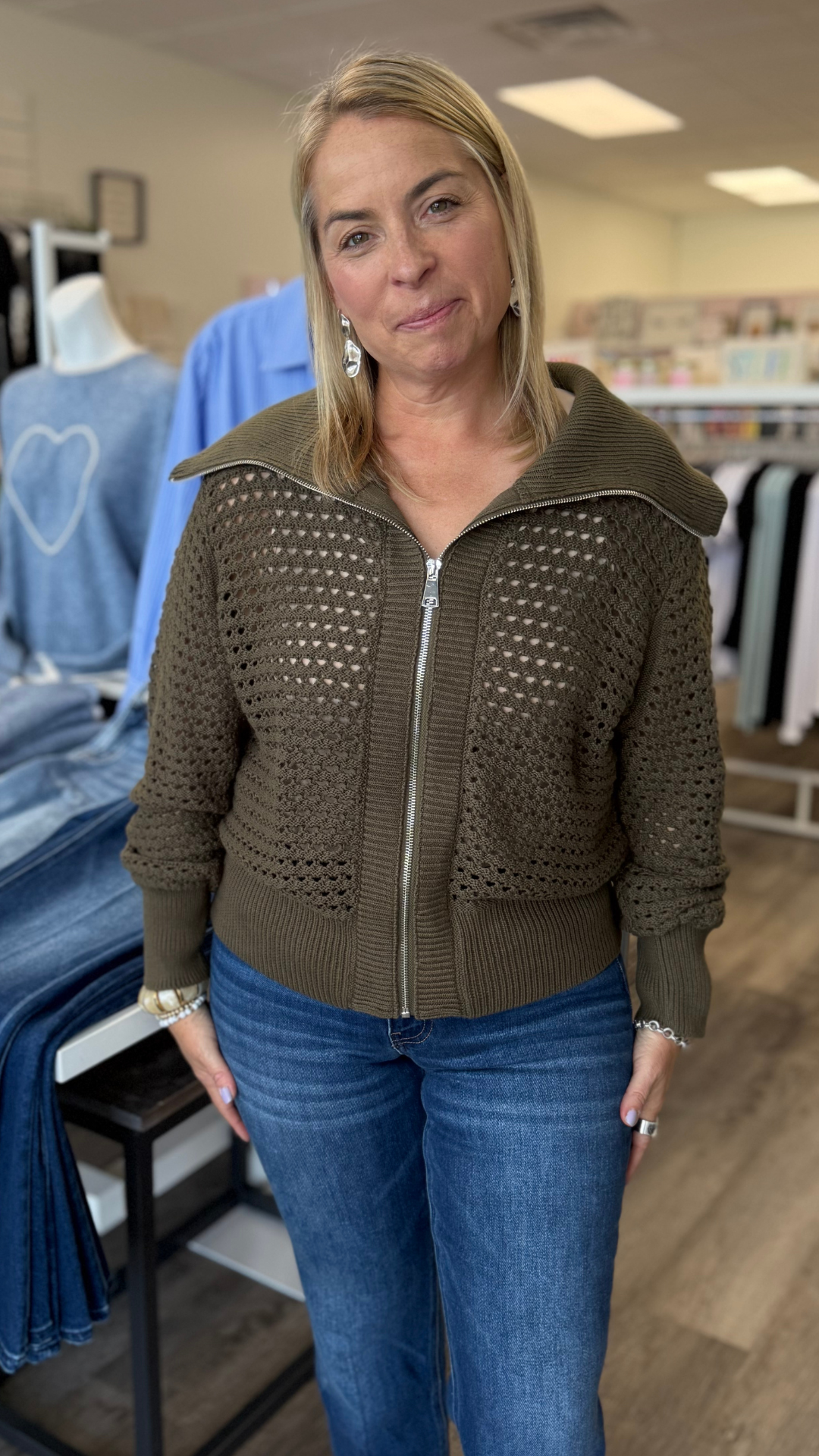 Olive Open Knit Zip Up Cardigan