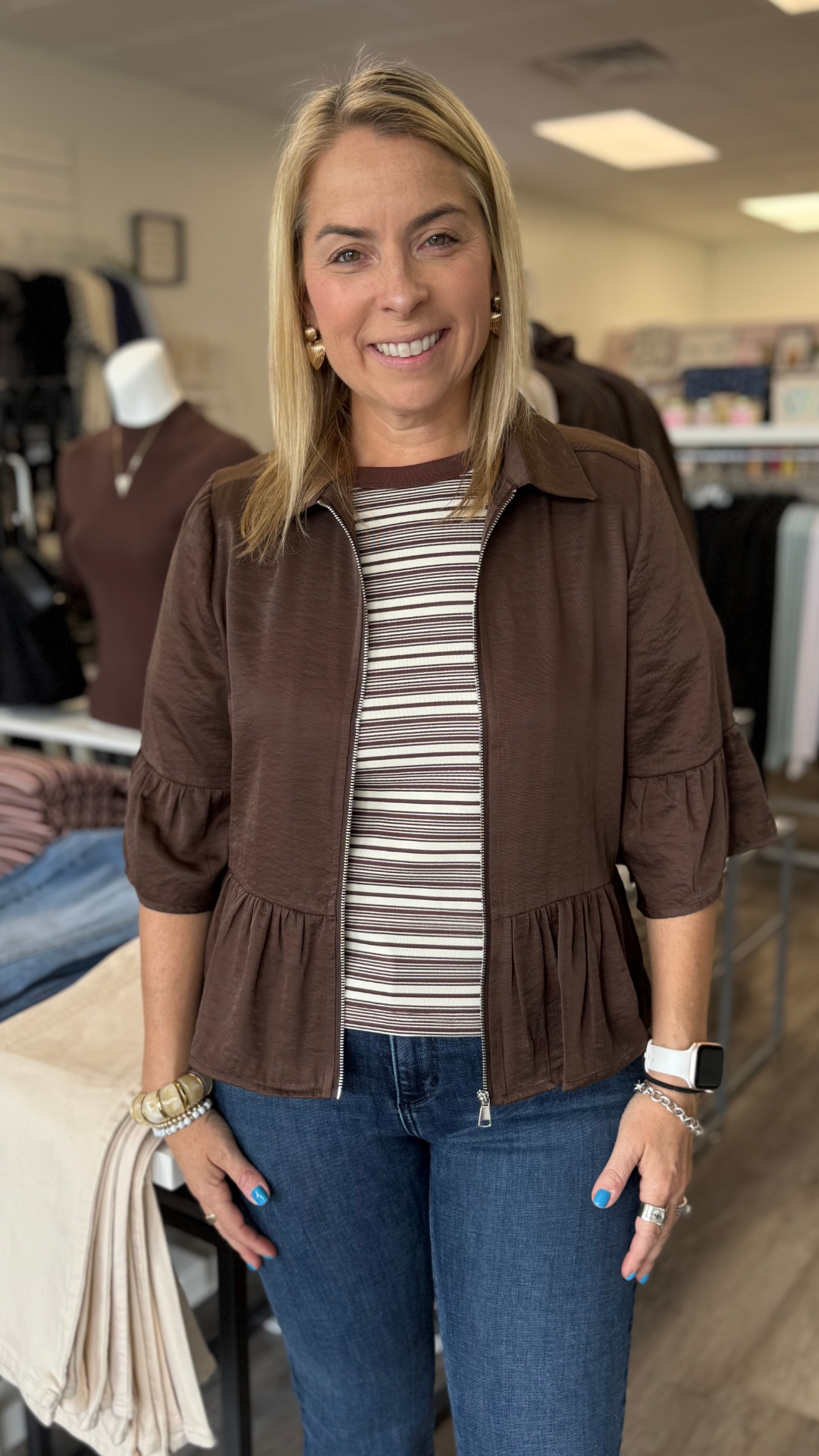 Chocolate Ruffle Zip Jacket Blouse