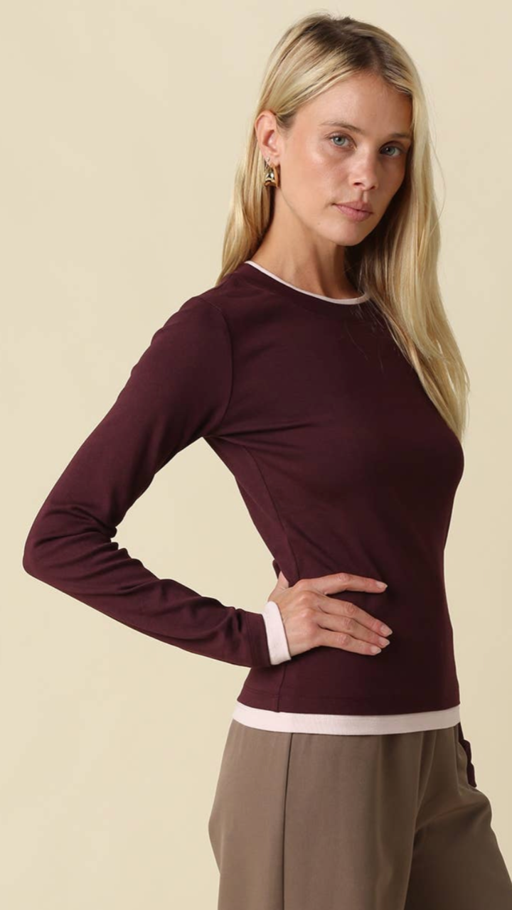 Burgundy And Pink Contrast Trim Long Sleeve Top