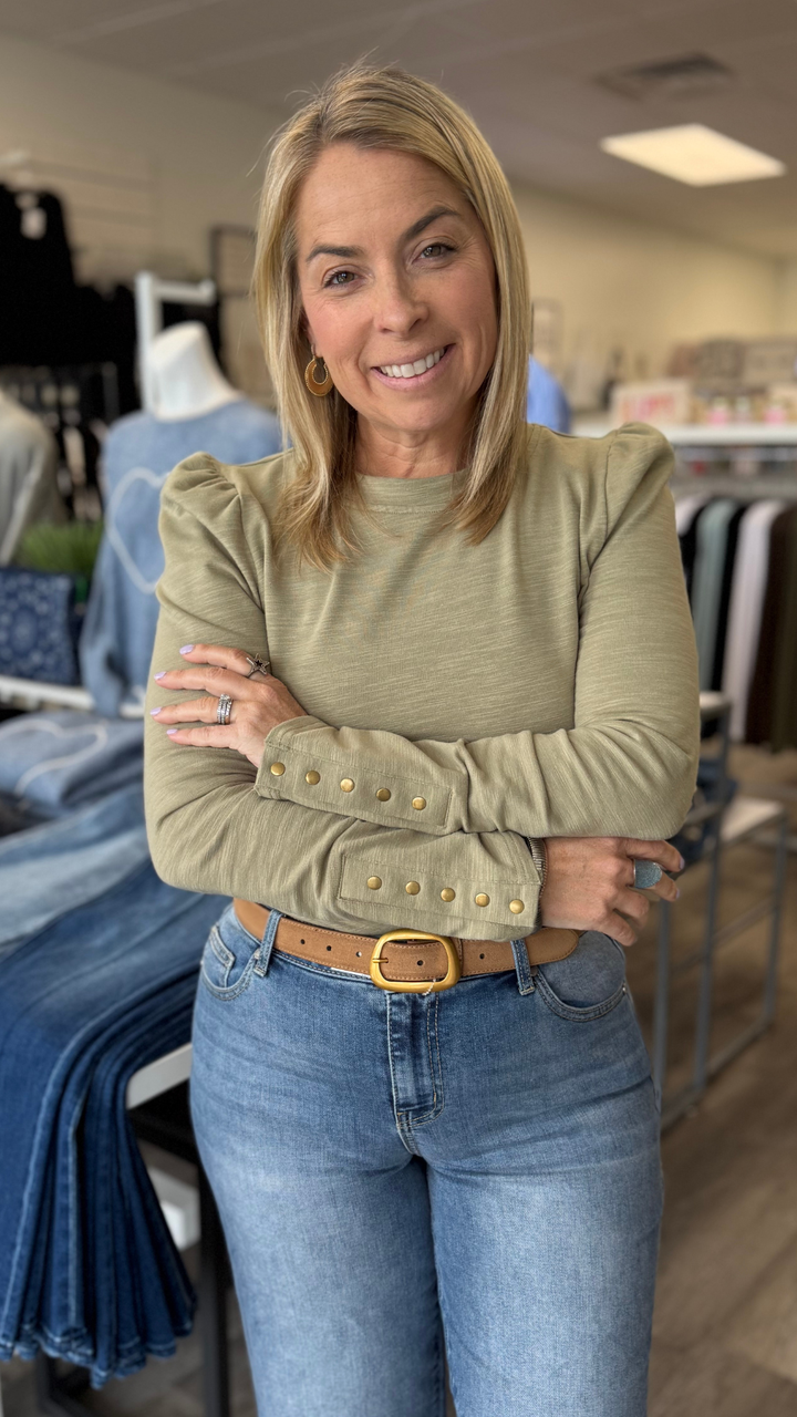 Sage Slub Knit Puff Sleeve Top