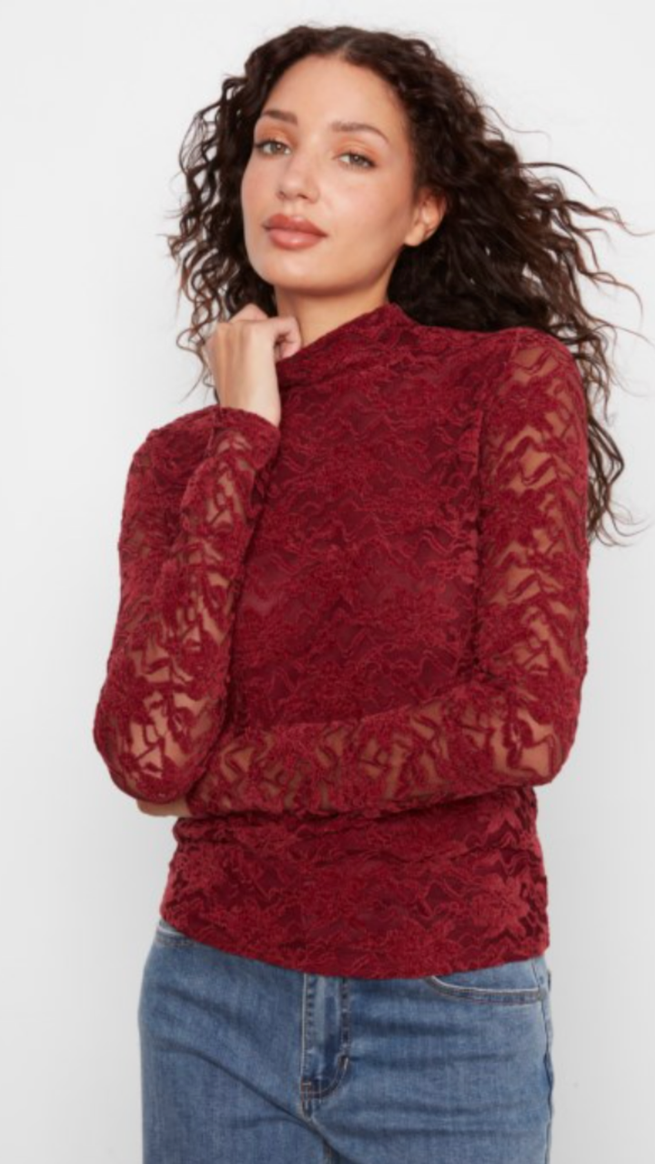 Merlot Lace Long Sleeve Mock Neck Top