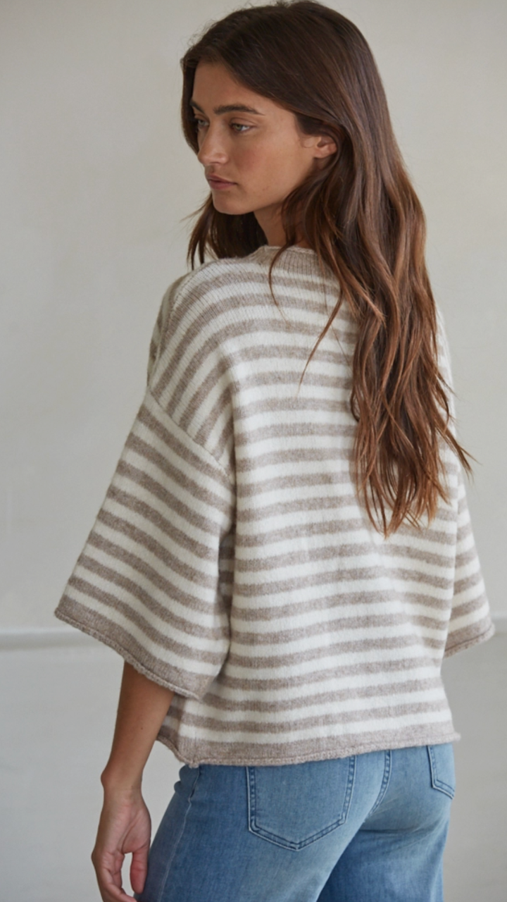 Taupe And Cream Striped Quarter Sleeve Sweater Cardigan