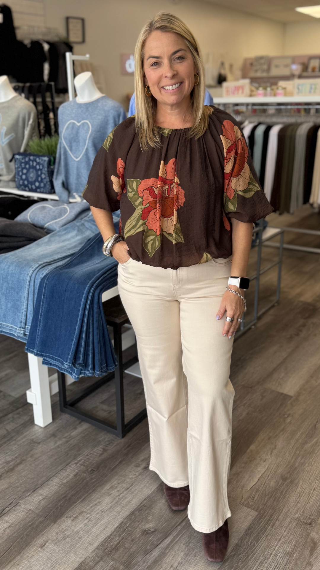 Brown Floral Bubble Hem Top
