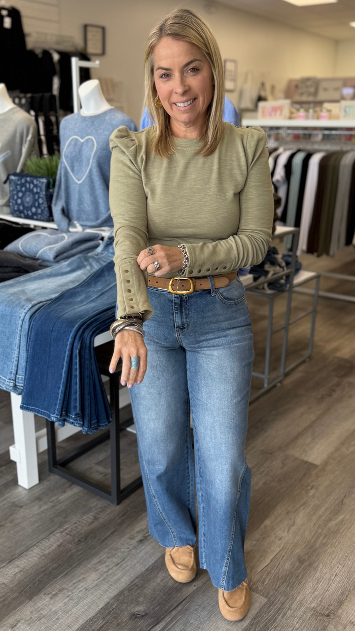 Sage Slub Knit Puff Sleeve Top