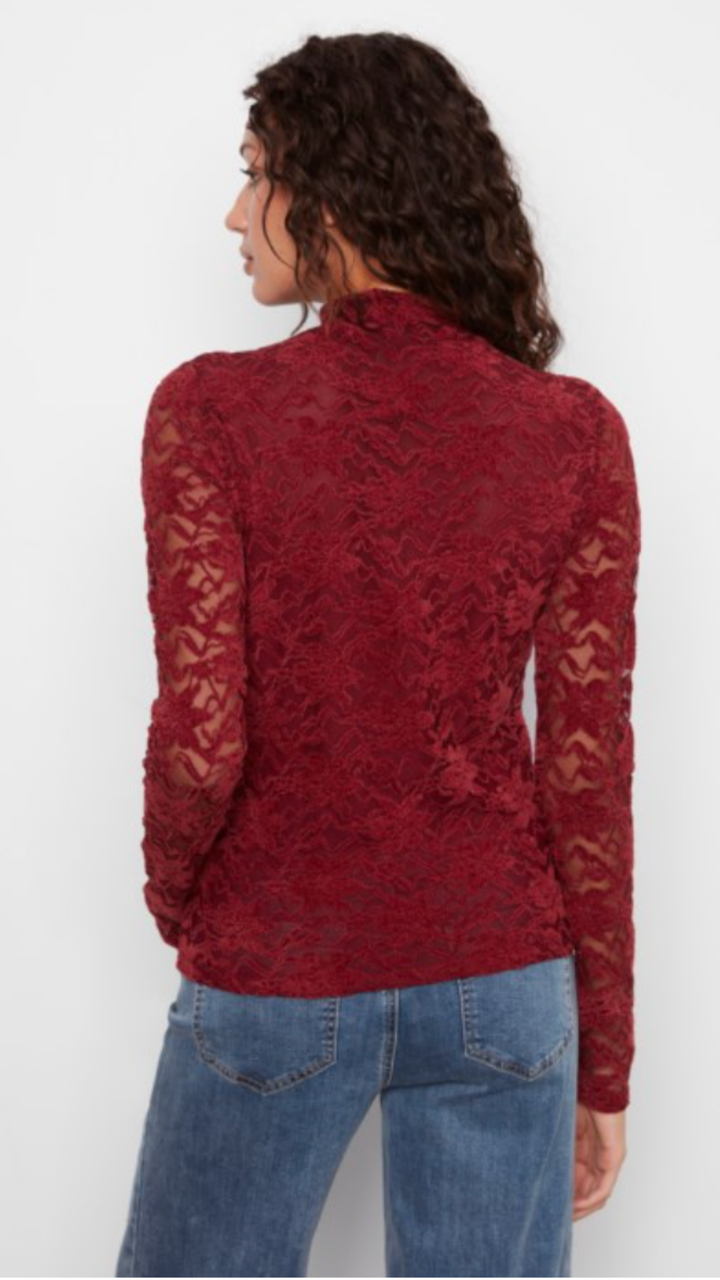 Merlot Lace Long Sleeve Mock Neck Top