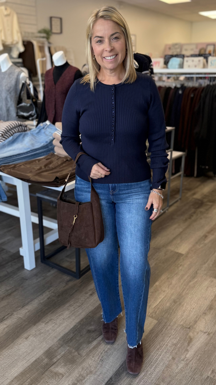 Navy Ribbed Fitted Henley Sweater