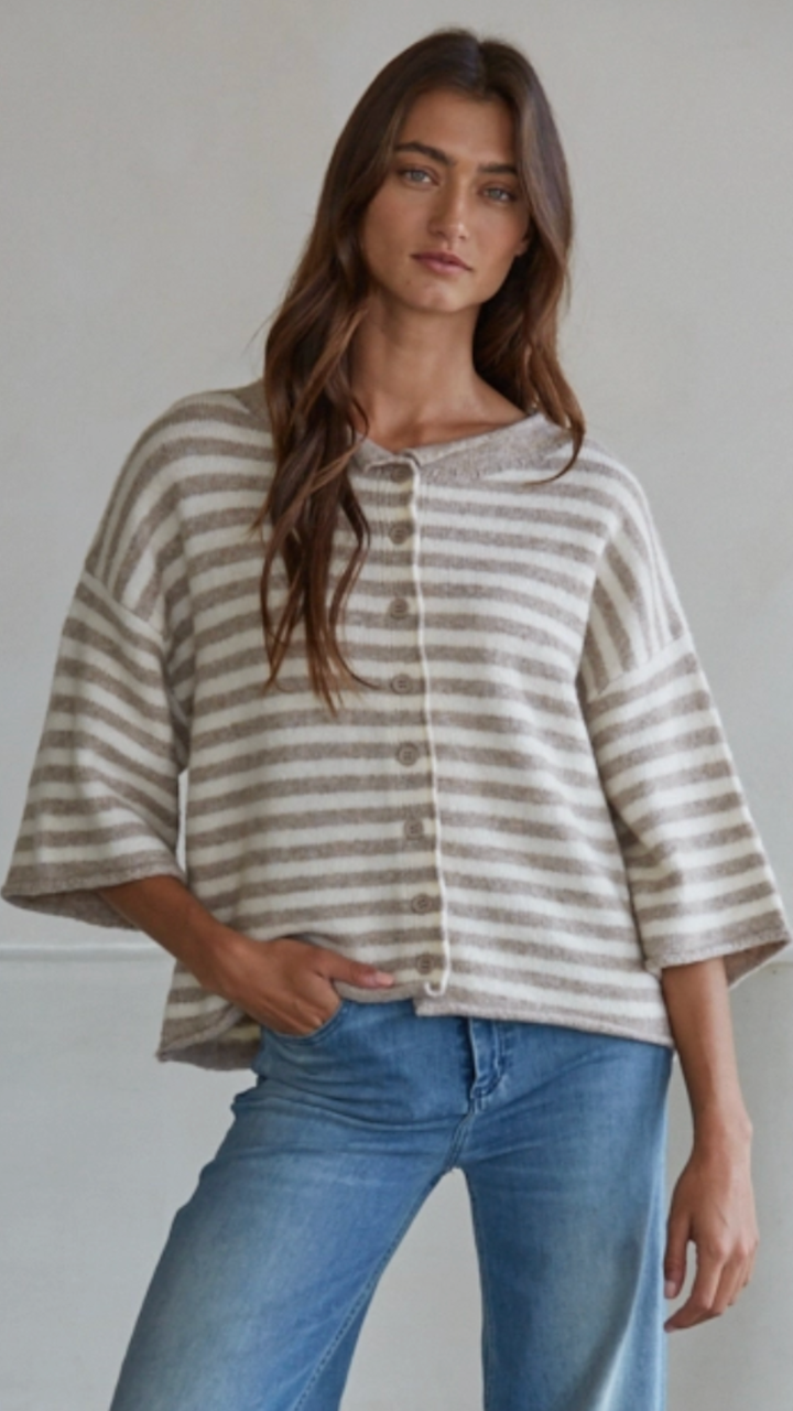 Taupe And Cream Striped Quarter Sleeve Sweater Cardigan