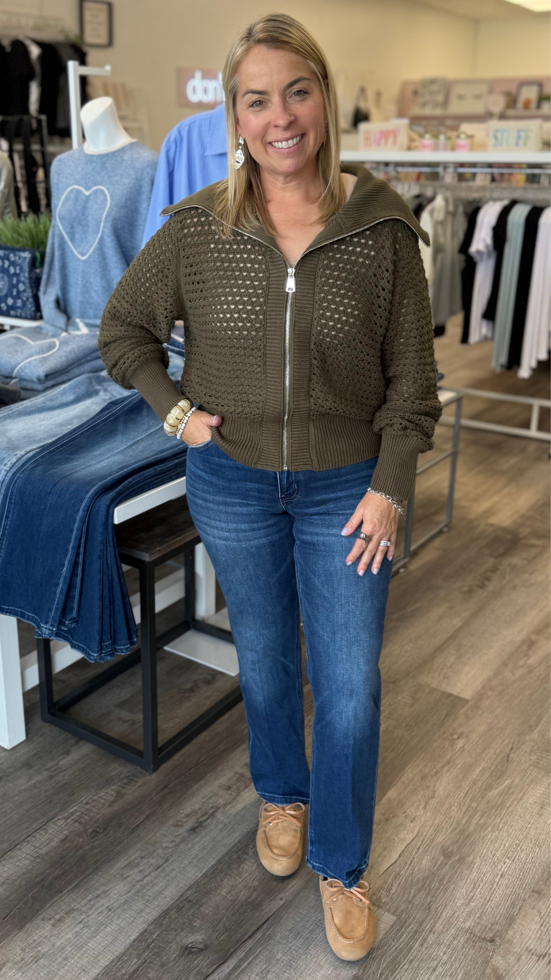 Olive Open Knit Zip Up Cardigan