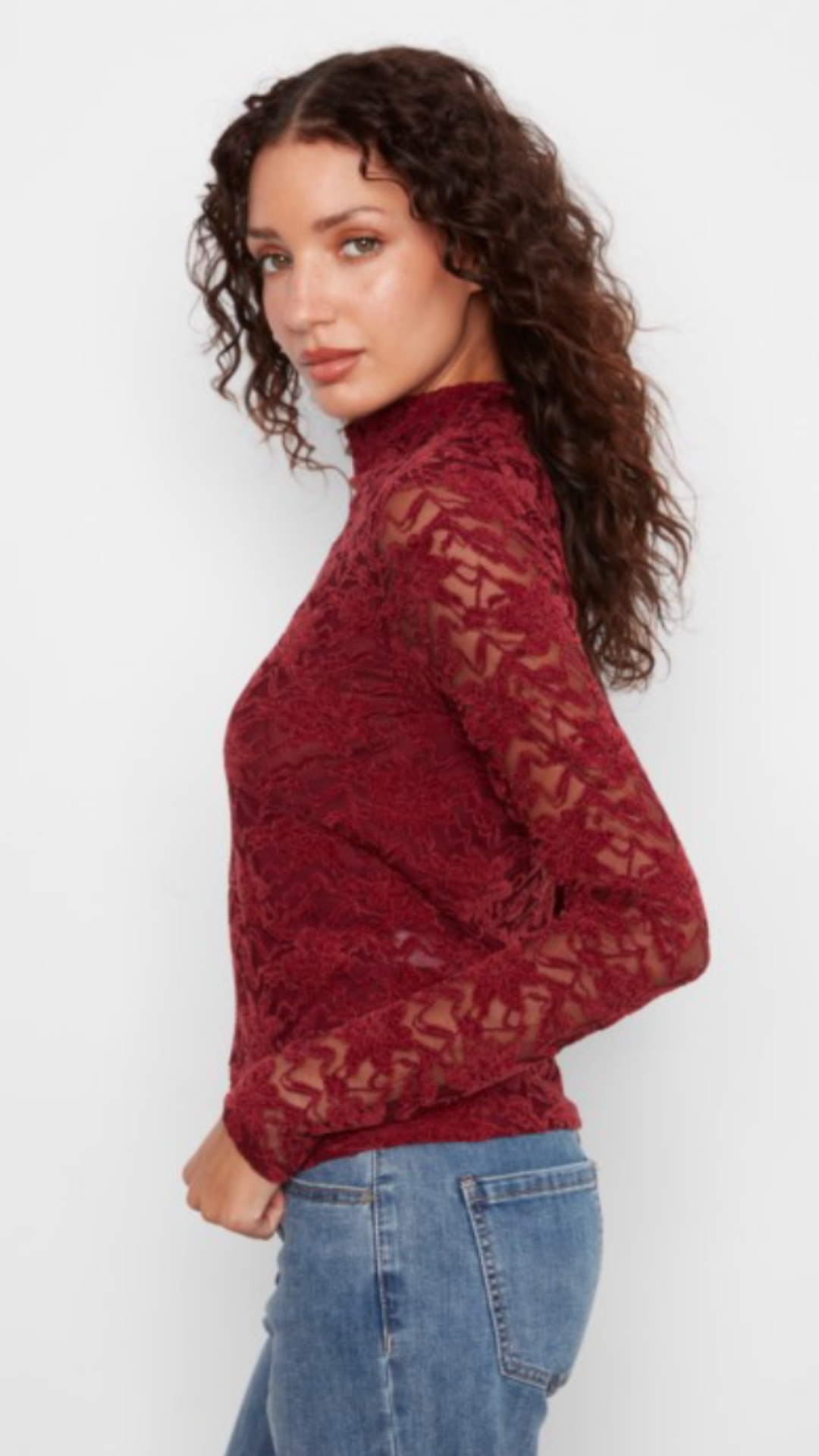 Merlot Lace Long Sleeve Mock Neck Top