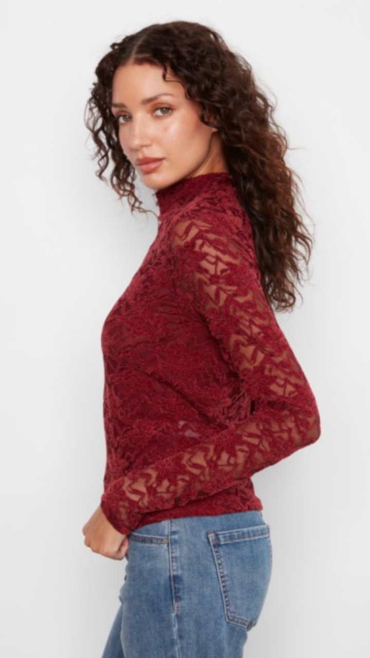 Merlot Lace Long Sleeve Mock Neck Top