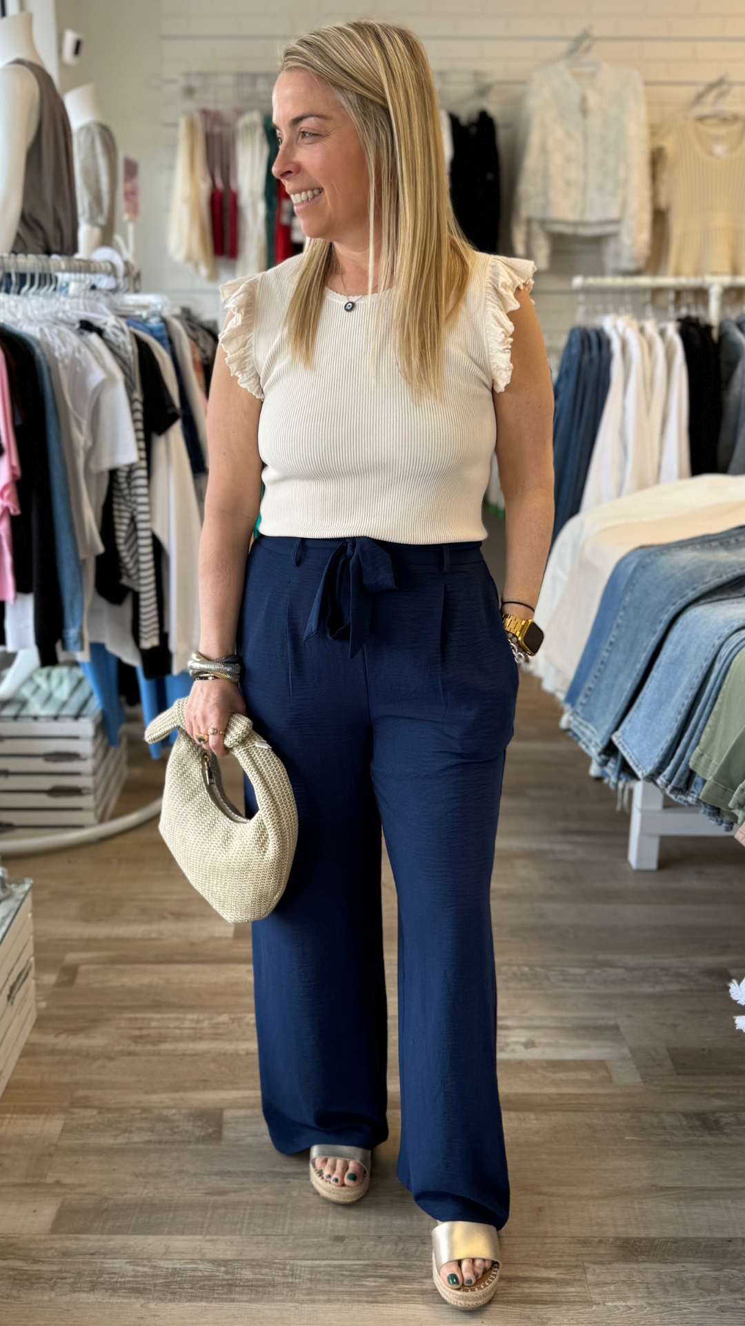 Navy Blue Woven Tie Front Pants