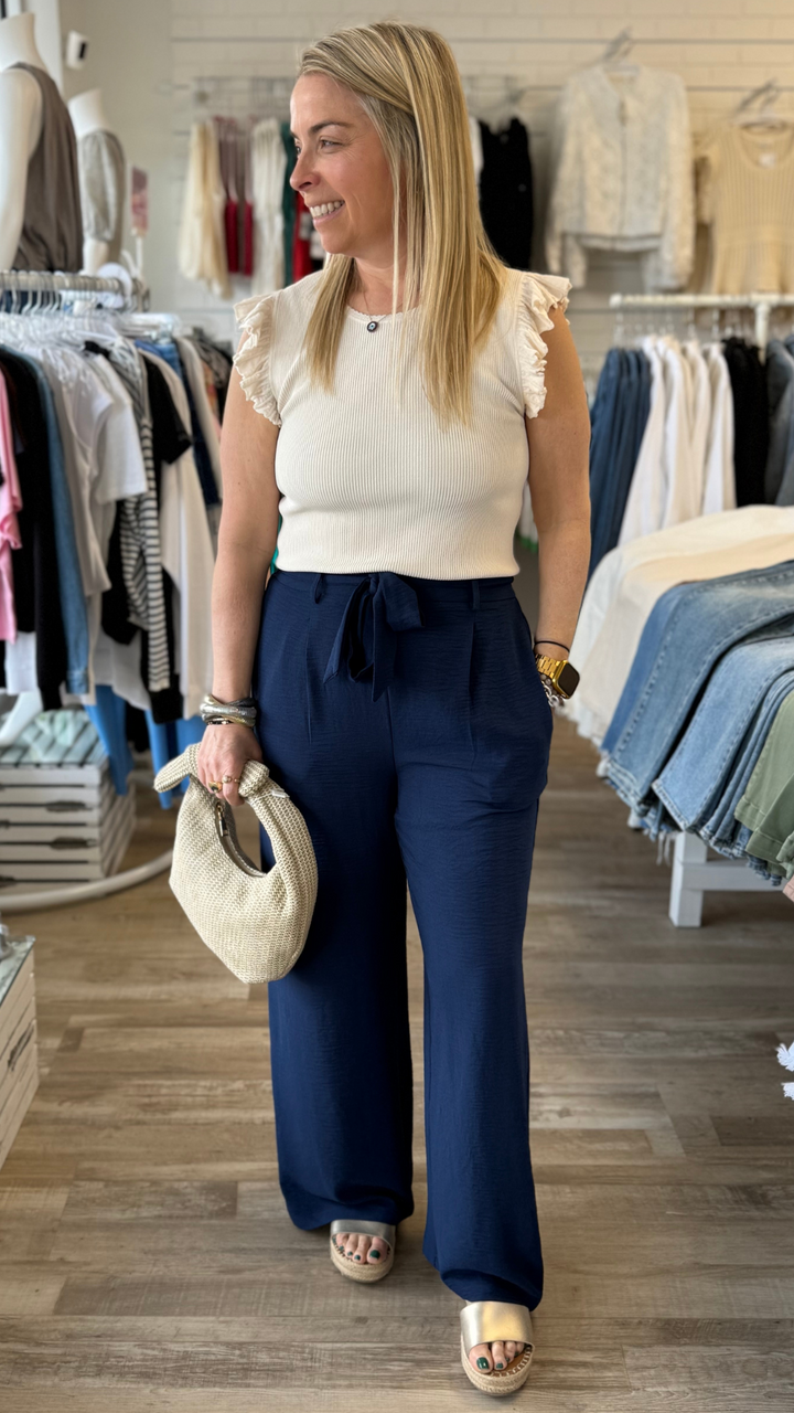Navy Blue Woven Tie Front Pants