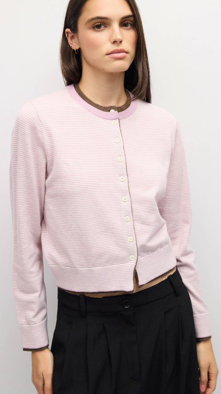 Pink And Brown Contrast Ribbing Cardigan