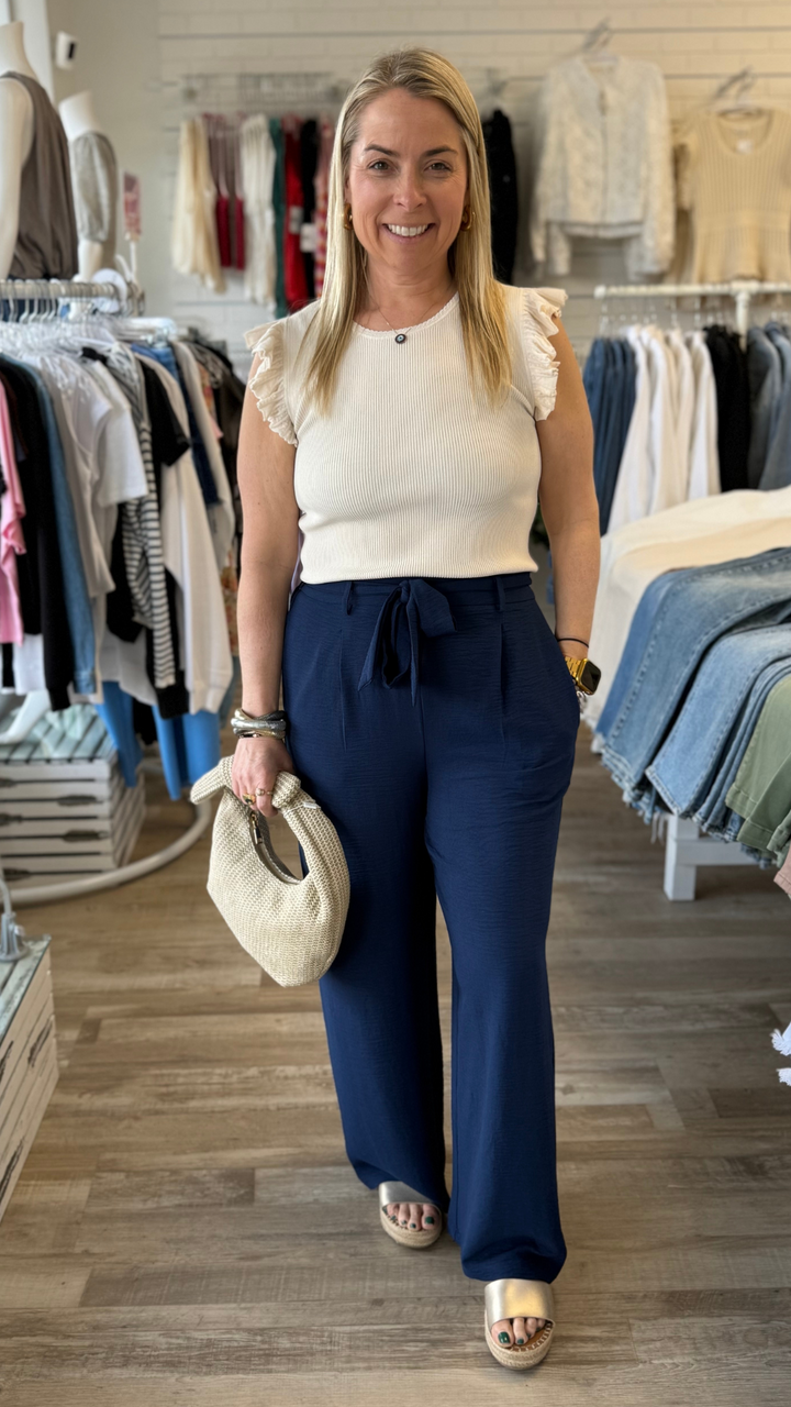 Navy Blue Woven Tie Front Pants