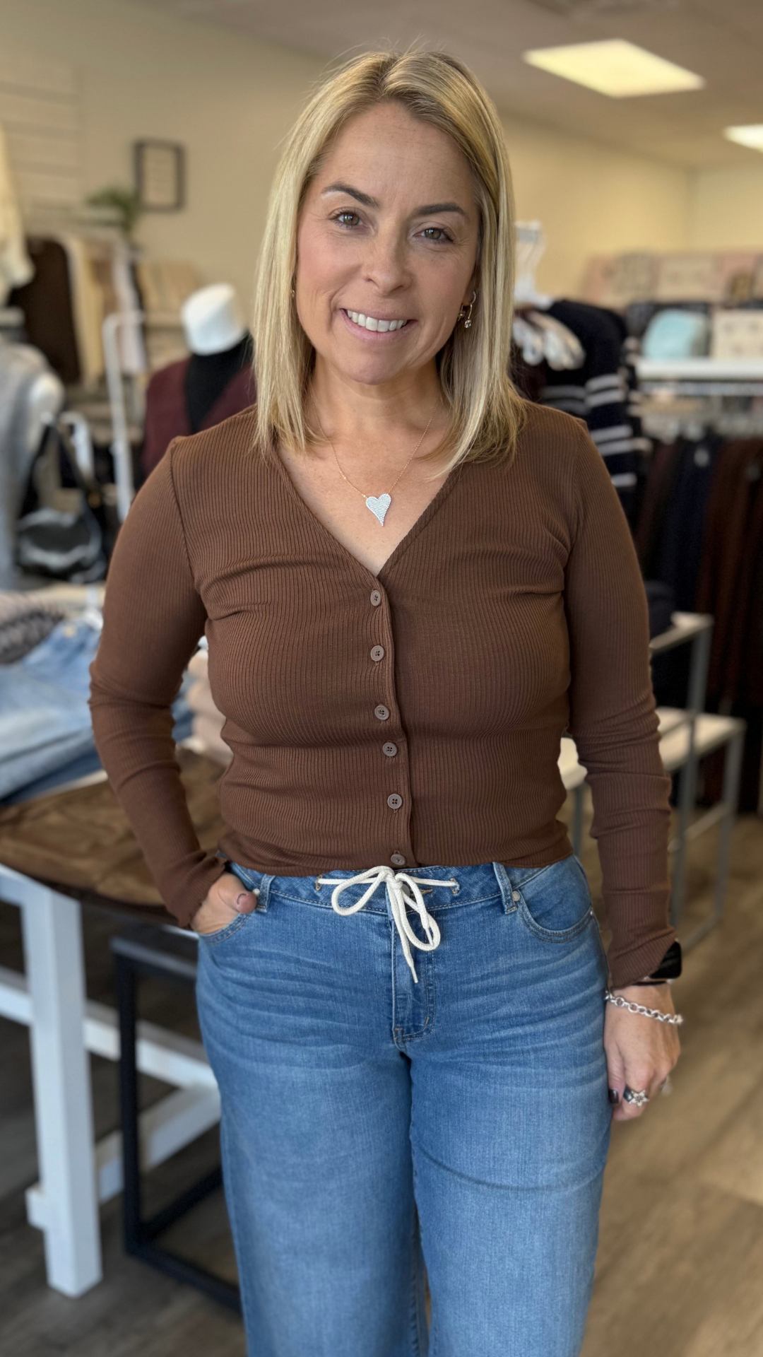 Brown Lettuce Hem Ribbed Fitted Cardigan