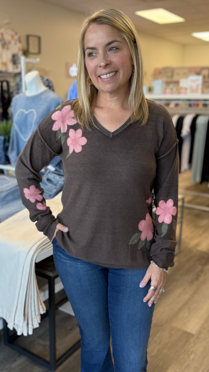 Coffee Floral Reversible V Neck Sweater