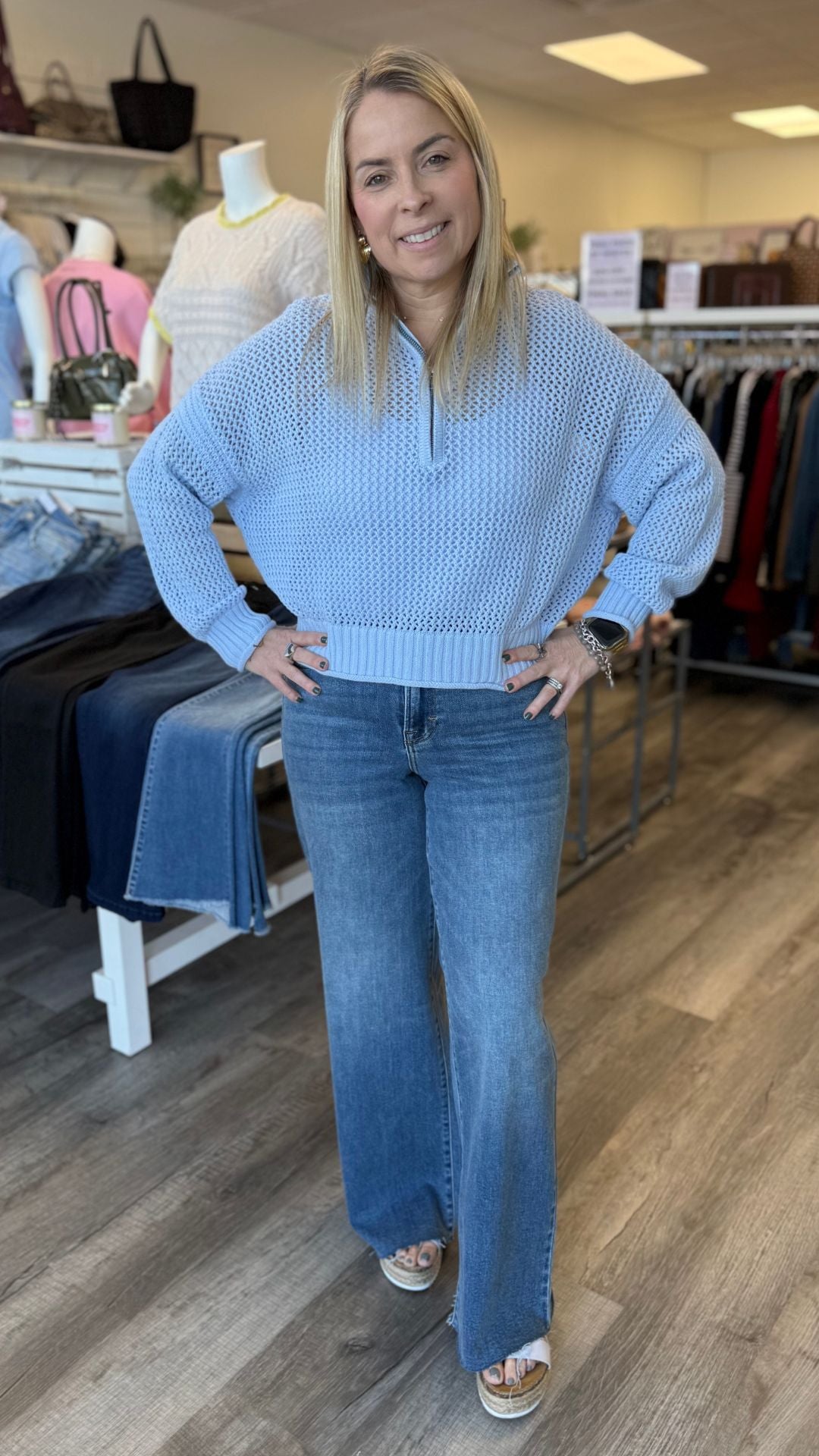 Light Blue Open Knit Quarter Zip Sweater