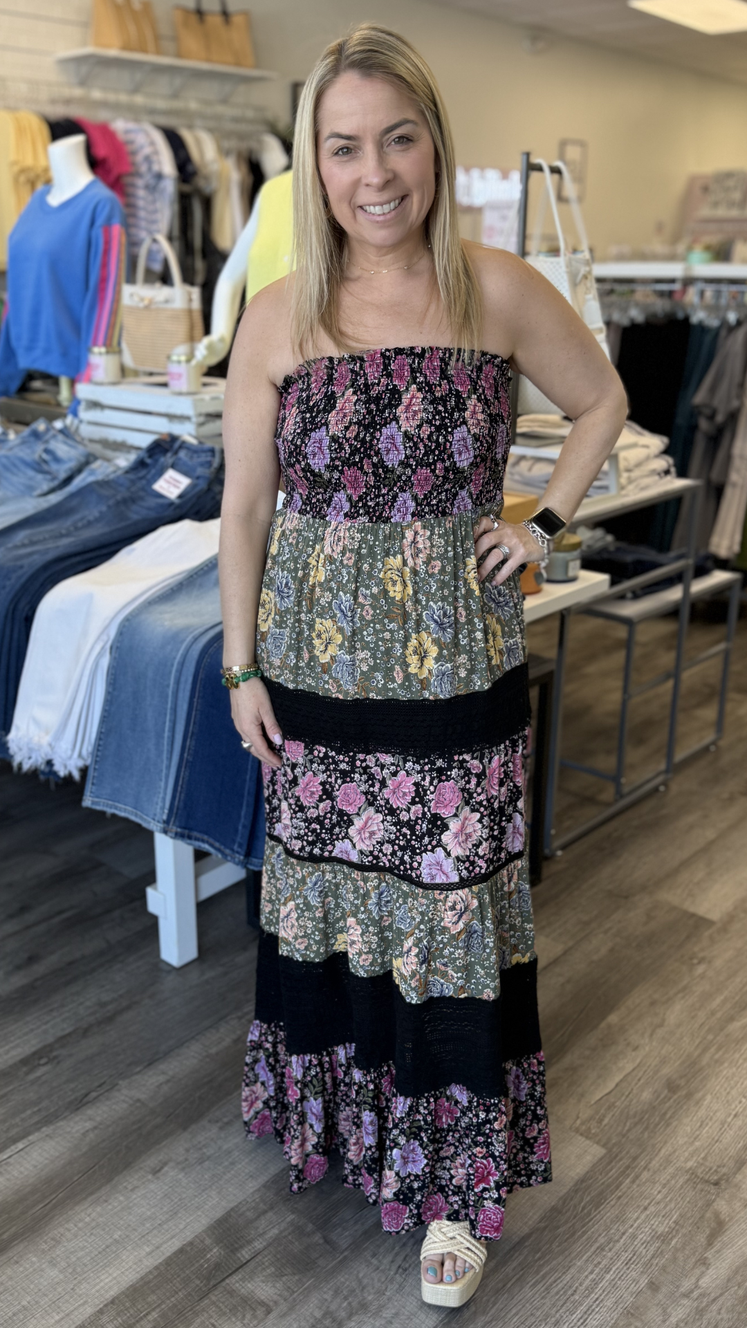 Mixed Print Lace Trim Smocked Bodice Maxi Dress