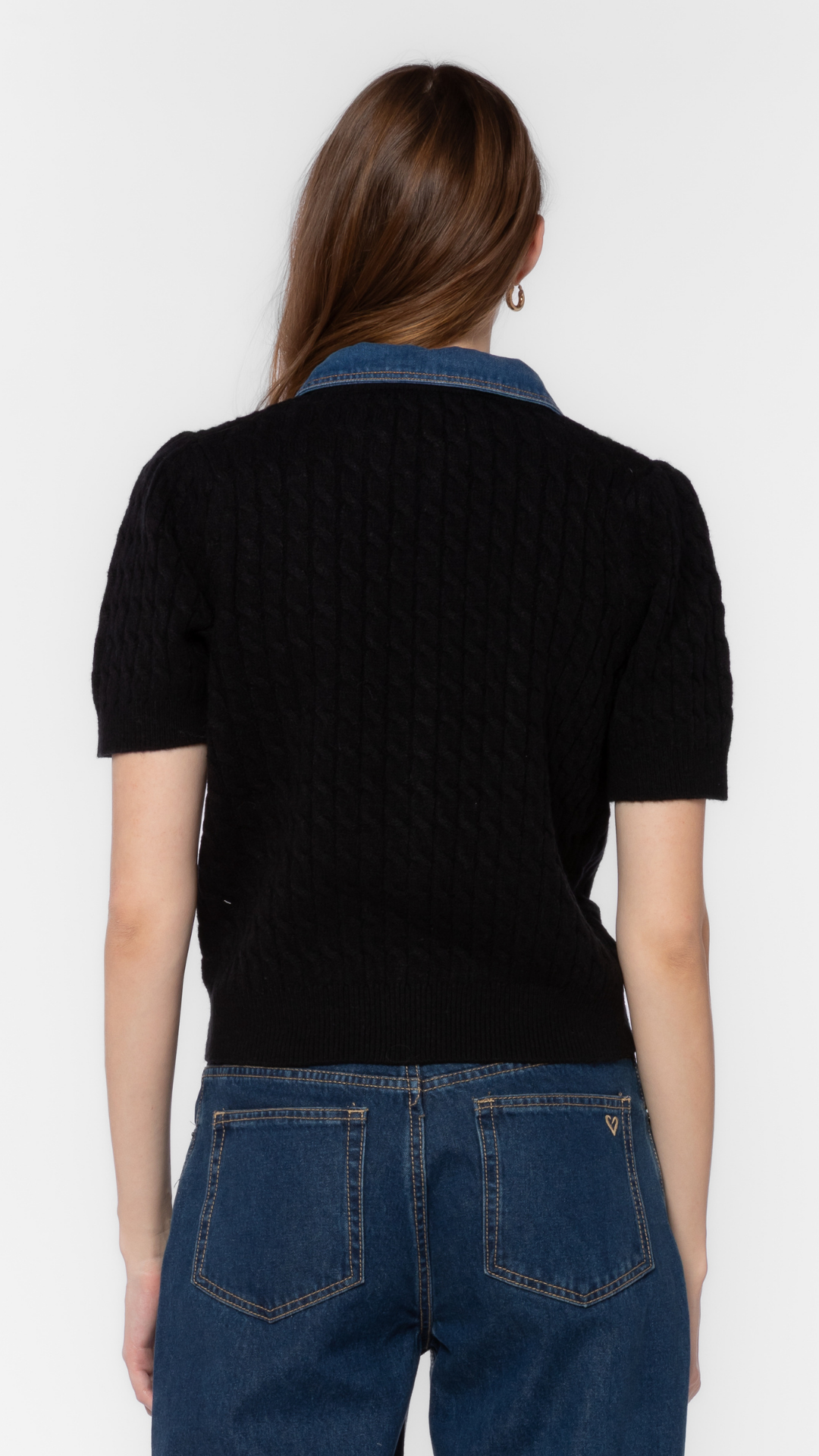 Denim Trim Short Sleeve Cable Knit Buttoned Top