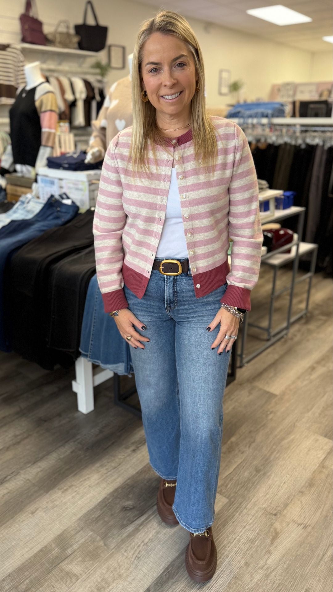 Pink And Ivory Stripe Cardigan