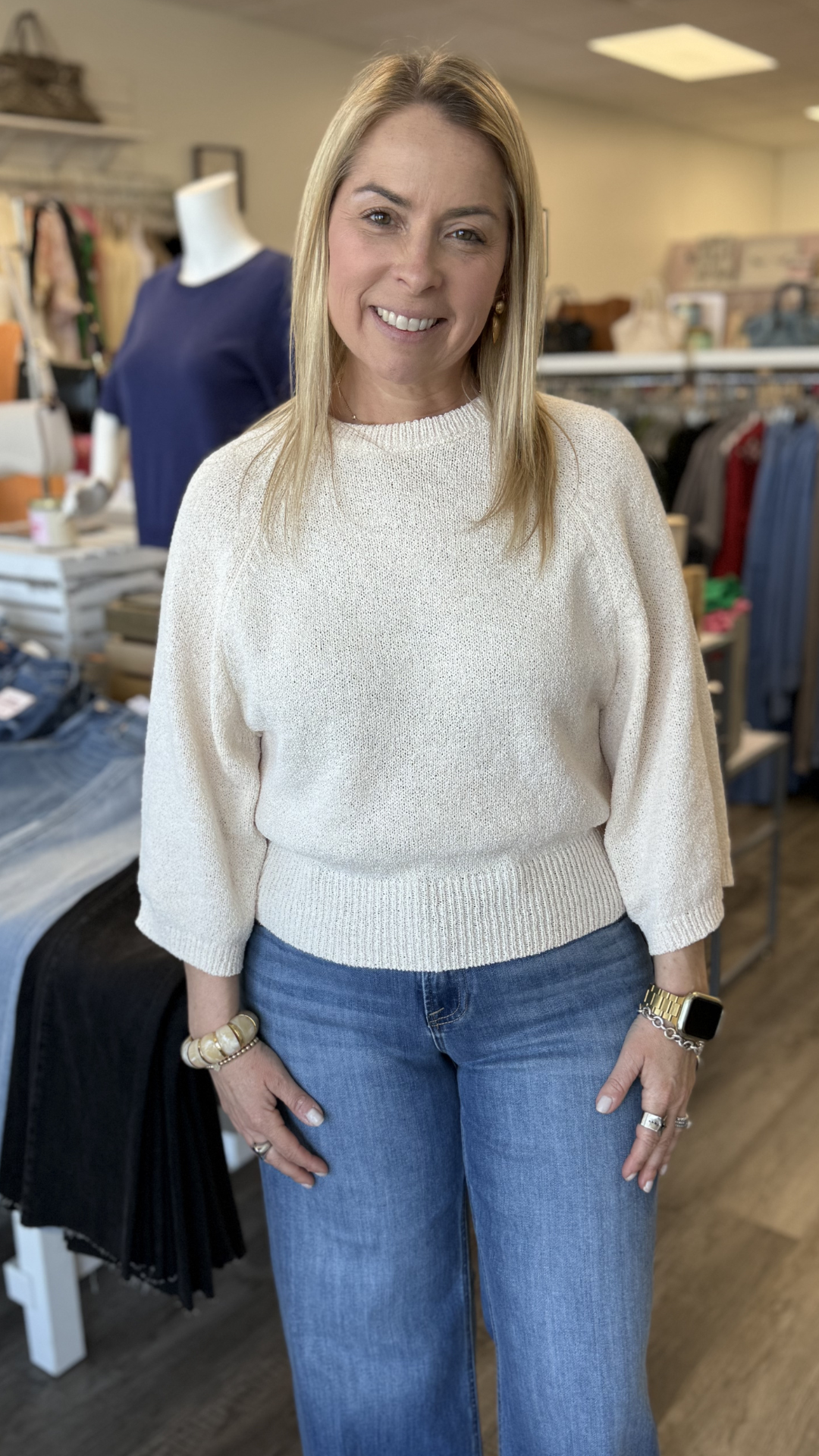 Cream Round Neck Quarter Sleeve Knitted Top