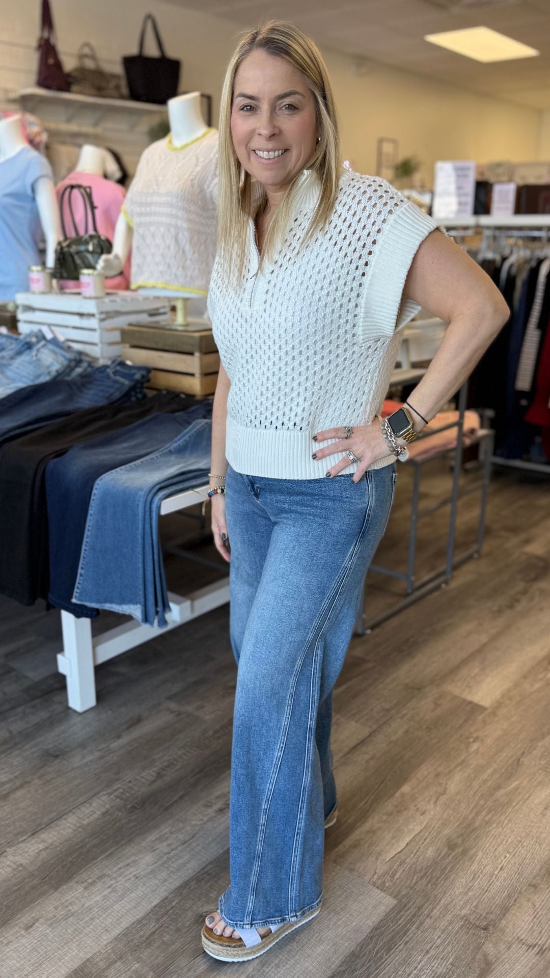 White Open Knit Short Sleeve Quarter Zip Sweater