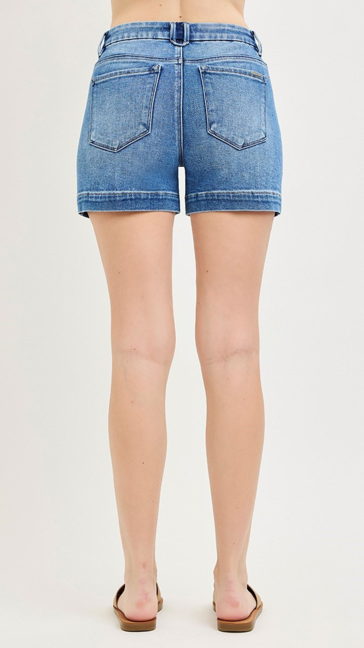 High Rise Medium Wash Regular Hem Shorts