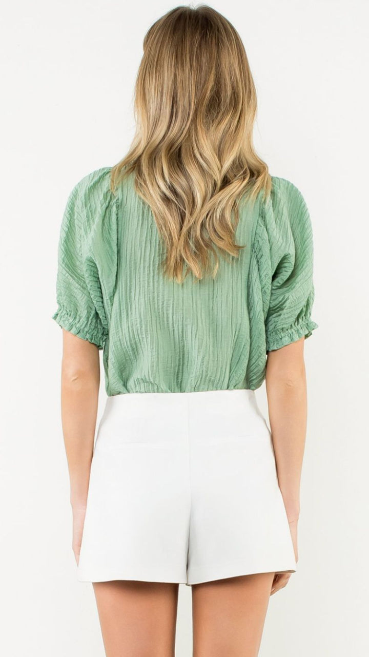 Sage Crinkled Split Neck Puff Sleeve Top