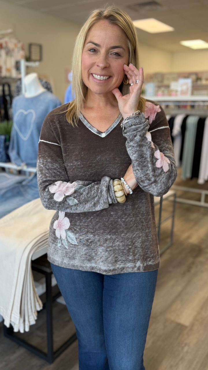 Coffee Floral Reversible V Neck Sweater