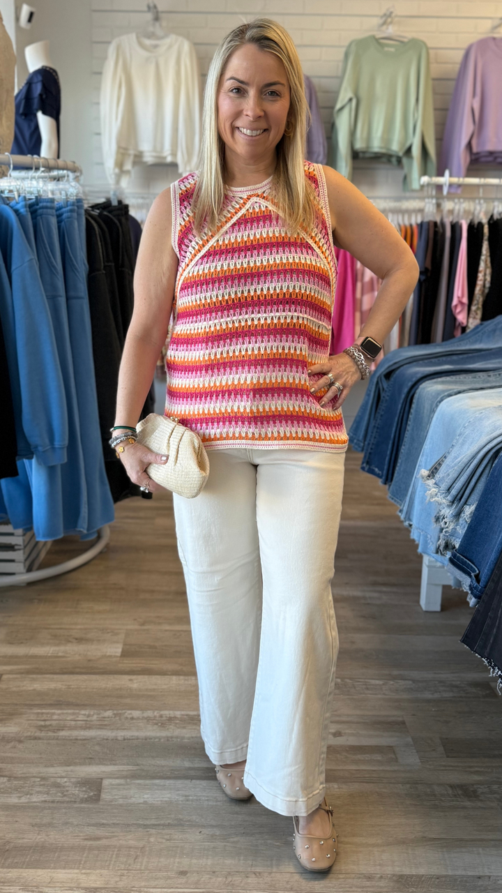 High Rise Ivory Tummy Control Crop Wide Adjustable Waistband Jeans