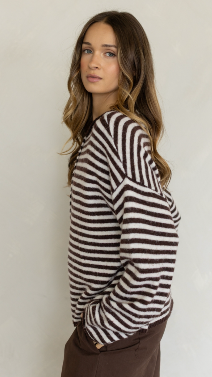 Brown And Cream Striped Piper Henley Top