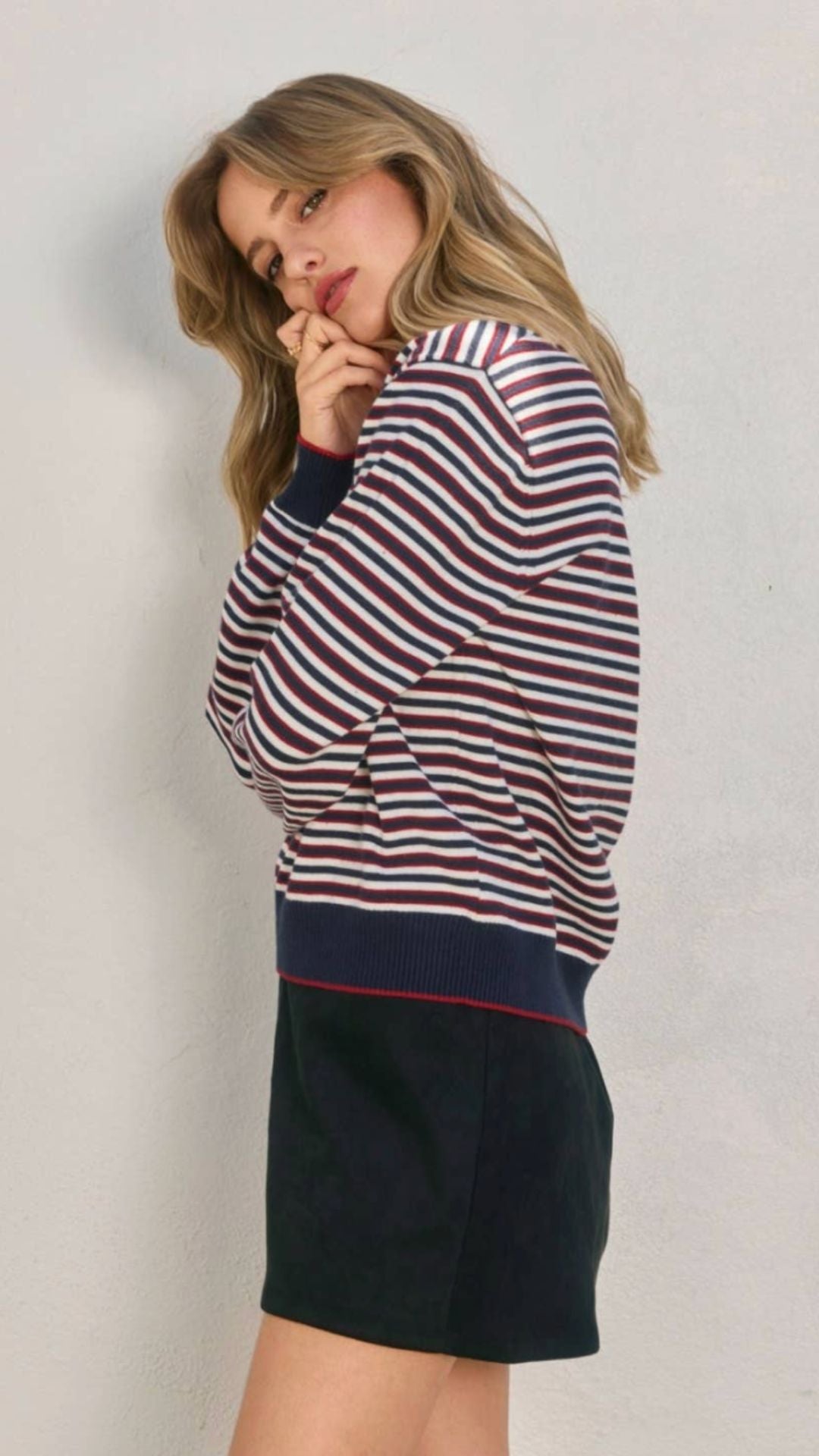 Burgundy And Navy Nautical Stripe V Neck Sweater