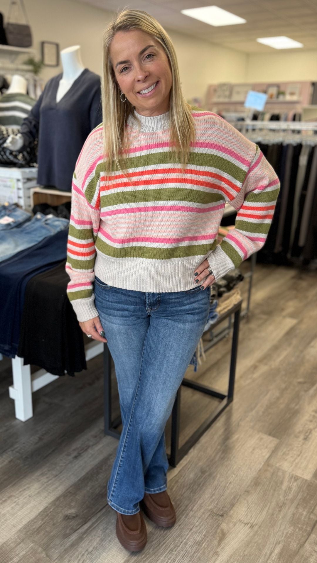 Multicolor Stripe Crewneck Knit Sweater