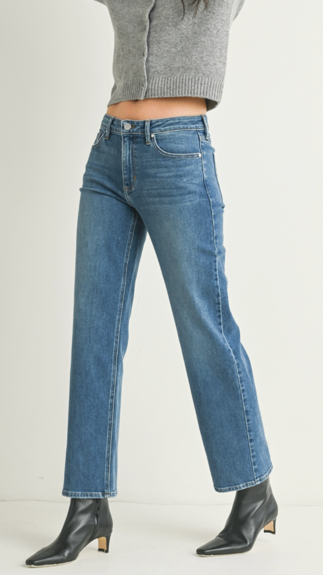 Mid Rise Medium Wash Stretchy Straight Jeans