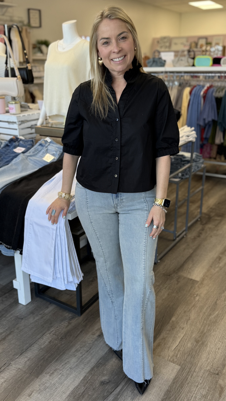 Mid Rise Vintage Wash Full Length Seam Detail Flare Jeans
