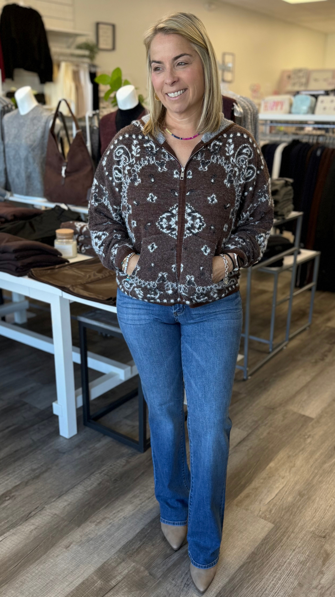 Nordic Brown Pine Fuzzy Hoodie Zip up