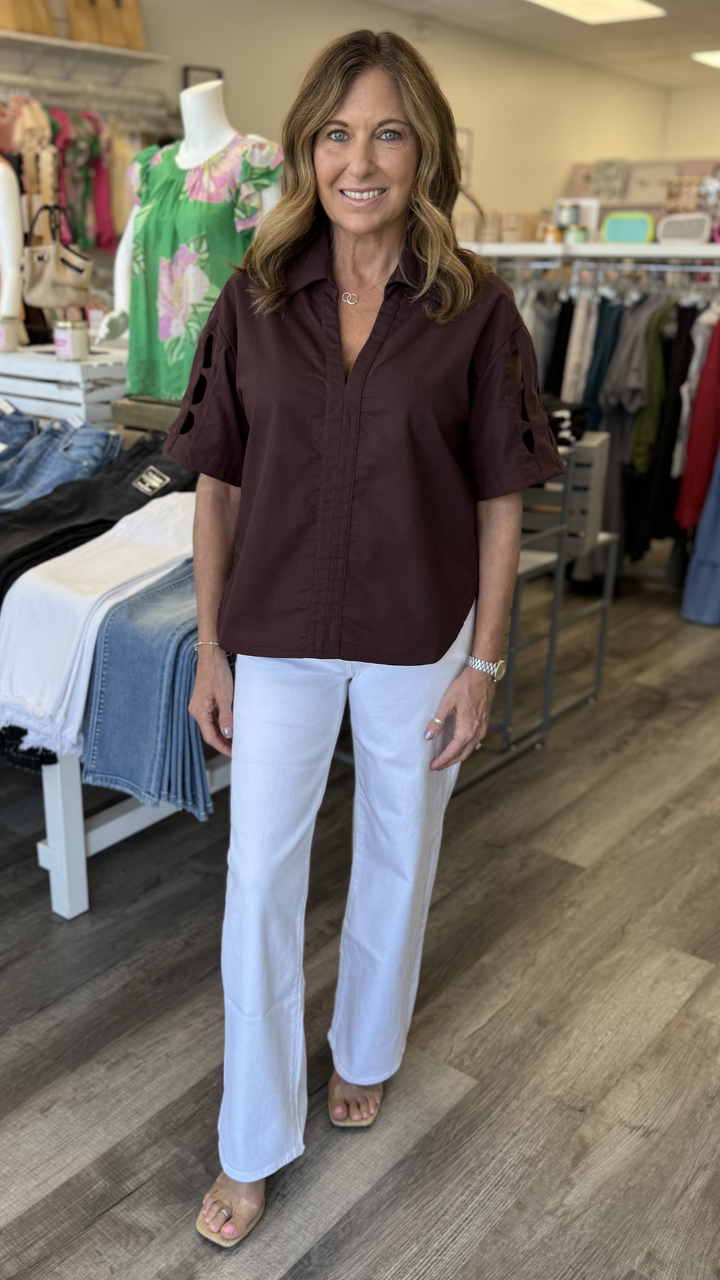 Short Sleeve Brown Cutout Top