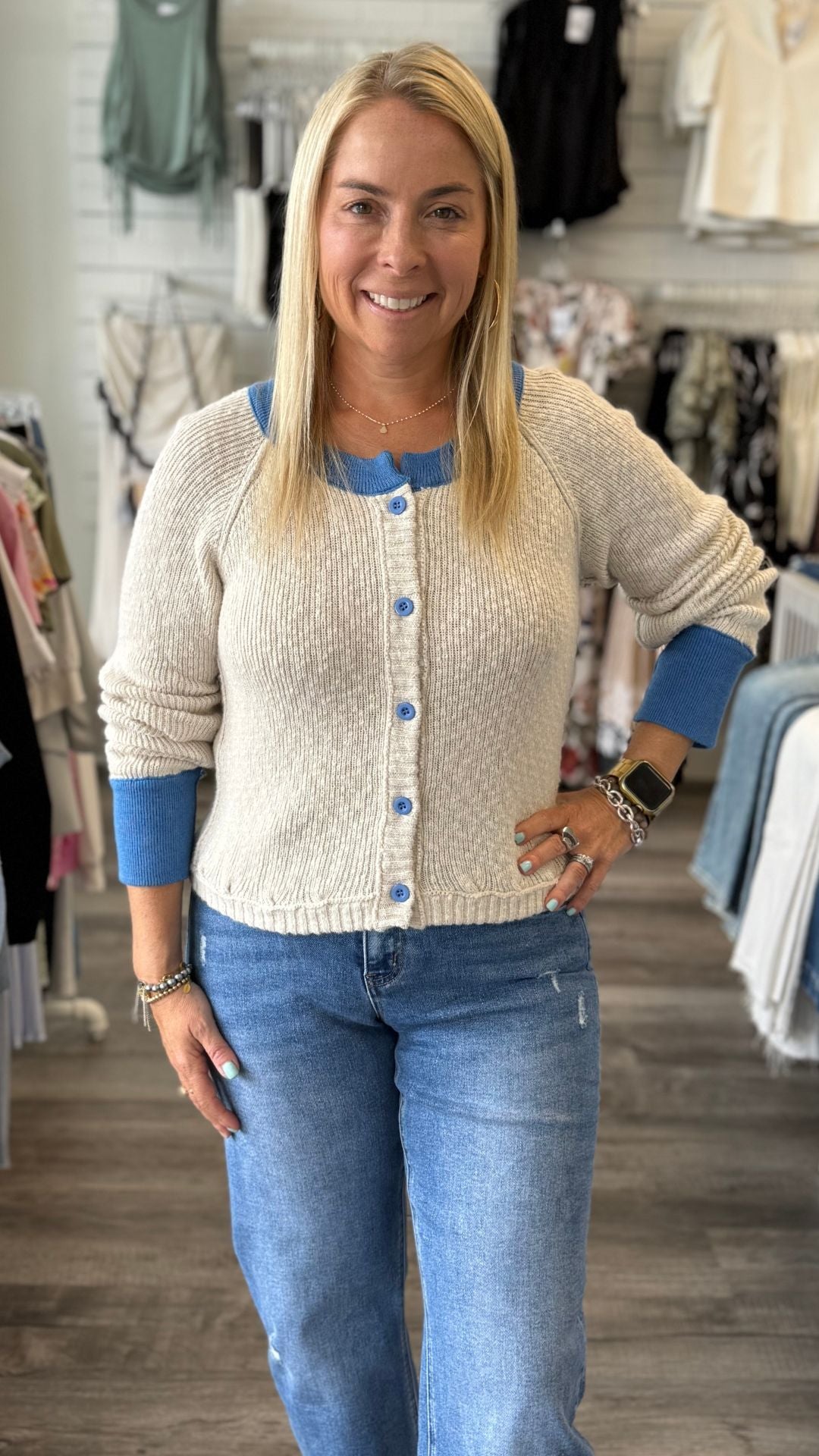 Blue Trim Buttoned Cardigan