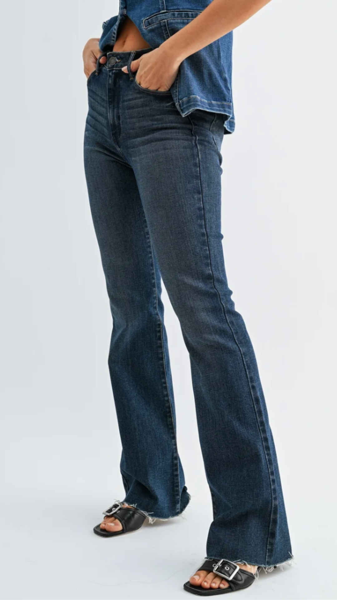 High Rise Dark Wash Scissor Cut Full Length Flare Jeans